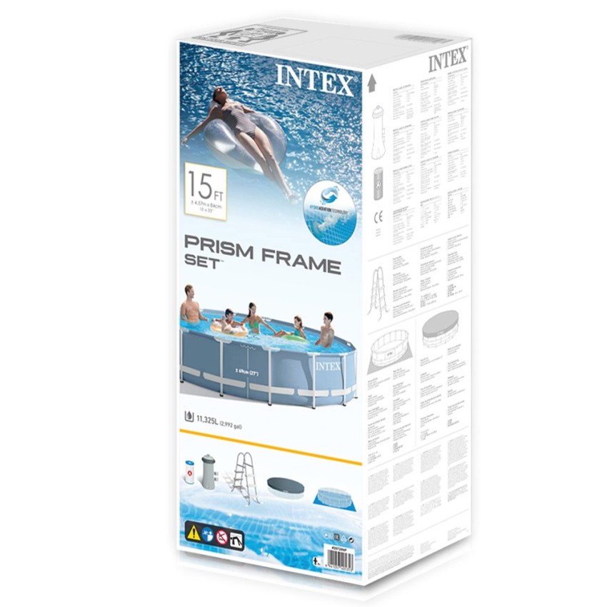 Piscina tubular Intex da linha Prisma Frame. Piscina circular de cor azul e estrutura metálica com capacidade para 11.325 litros