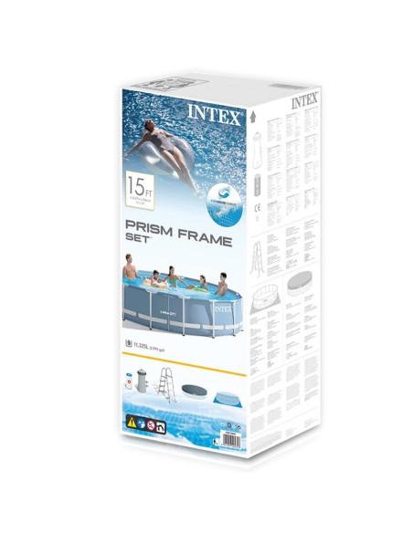 Piscina tubular Intex da linha Prisma Frame. Piscina circular de cor azul e estrutura metálica com capacidade para 11.325 litros