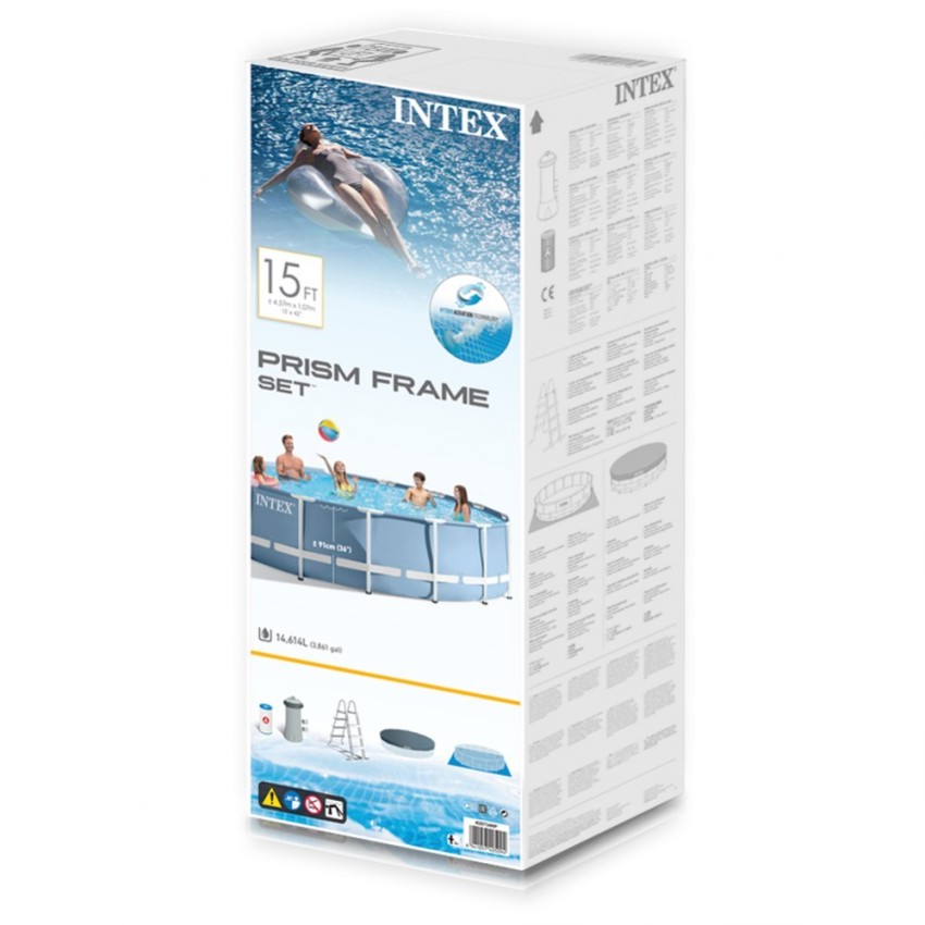 Piscina desmontável tubular Intex da linha Prisma Frame. Piscina circular de cor azul e estrutura metálica com capacidade para 1