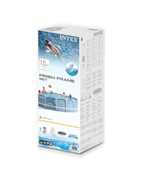Piscina desmontável tubular Intex da linha Prisma Frame. Piscina circular de cor azul e estrutura metálica com capacidade para 1