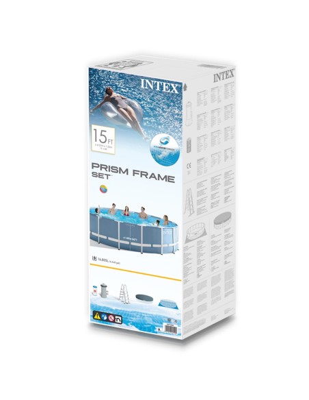 Piscina desmontável tubular Intex da linha Prisma Frame. Piscina circular de cor azul e estrutura metálica com capacidade para 1