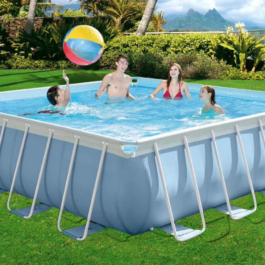Piscina tubular Intex da linha Prisma Frame. Piscina quadrara de cor azul e estrutura metálica com capacidade para 16.700 litros