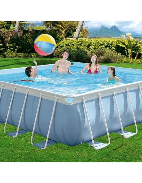 Piscina tubular Intex da linha Prisma Frame. Piscina quadrara de cor azul e estrutura metálica com capacidade para 16.700 litros