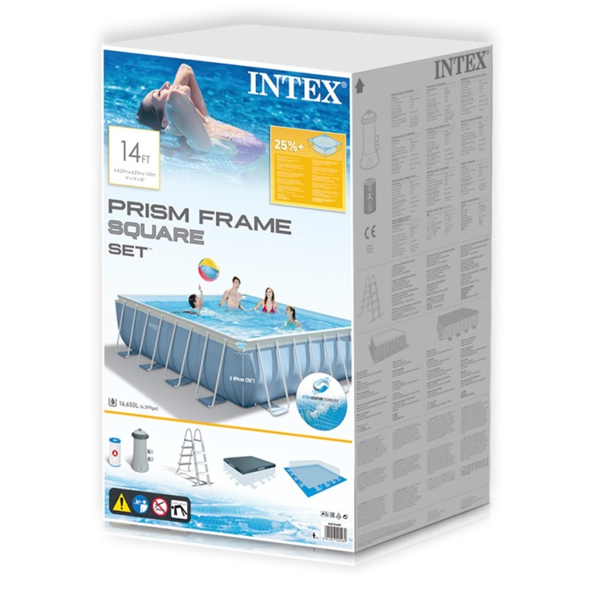 Piscina tubular Intex da linha Prisma Frame. Piscina quadrara de cor azul e estrutura metálica com capacidade para 16.700 litros