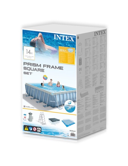 Piscina tubular Intex da linha Prisma Frame. Piscina quadrara de cor azul e estrutura metálica com capacidade para 16.700 litros