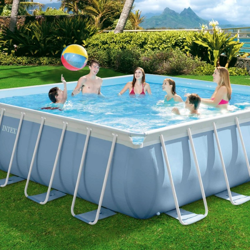 Piscina tubular Intex de la línea Prisma Frame. Piscina cuadrada de color azul y estructura metálica con capacidad para 25.000 l