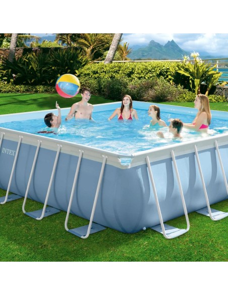 Piscina tubular Intex de la línea Prisma Frame. Piscina cuadrada de color azul y estructura metálica con capacidad para 25.000 l