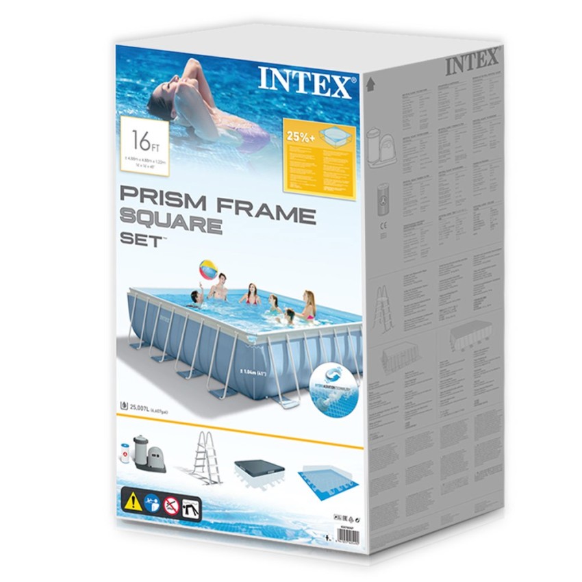 Piscina tubular Intex da linha Prisma Frame. Piscina quadrada de cor azul e estrutura metálica com uma capacidade para 25.000 li