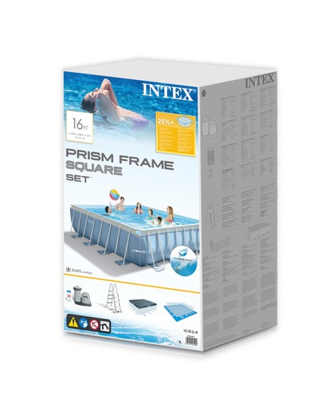 Piscina tubular Intex da linha Prisma Frame. Piscina quadrada de cor azul e estrutura metálica com uma capacidade para 25.000 li