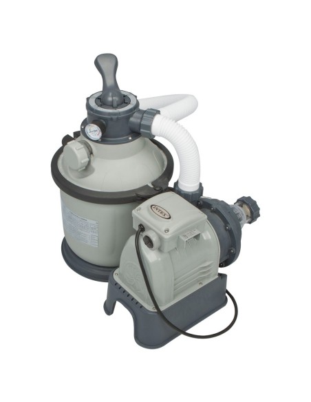 Bomba de areia Intex com capacidade de filtragem de até 4.500L/h com pré-filtro. Adequada para piscinas AGP de até 15.000 L. Cap