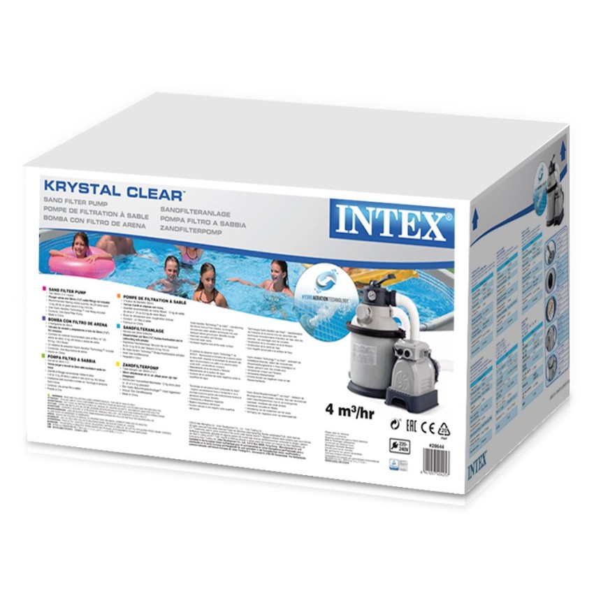Bomba de areia Intex com capacidade de filtragem de até 4.500L/h com pré-filtro. Adequada para piscinas AGP de até 15.000 L. Cap