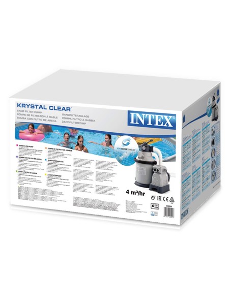 Bomba de areia Intex com capacidade de filtragem de até 4.500L/h com pré-filtro. Adequada para piscinas AGP de até 15.000 L. Cap