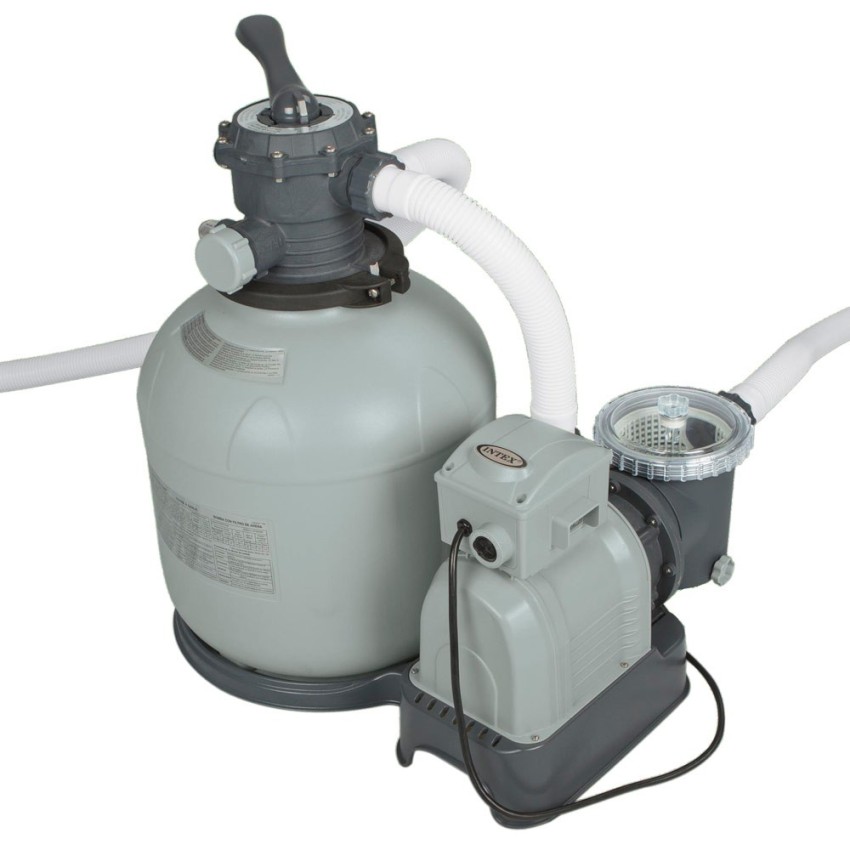 Bomba de areia Intex com capacidade de filtragem de até 12.000L/h com pré-filtro. Adequada para piscinas elevadas de até 60.000