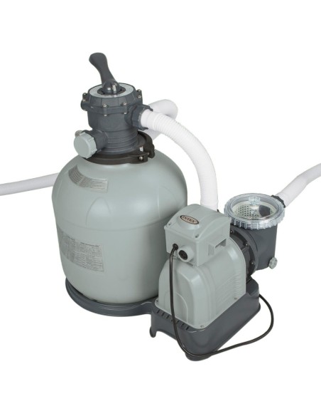Bomba de areia Intex com capacidade de filtragem de até 12.000L/h com pré-filtro. Adequada para piscinas elevadas de até 60.000