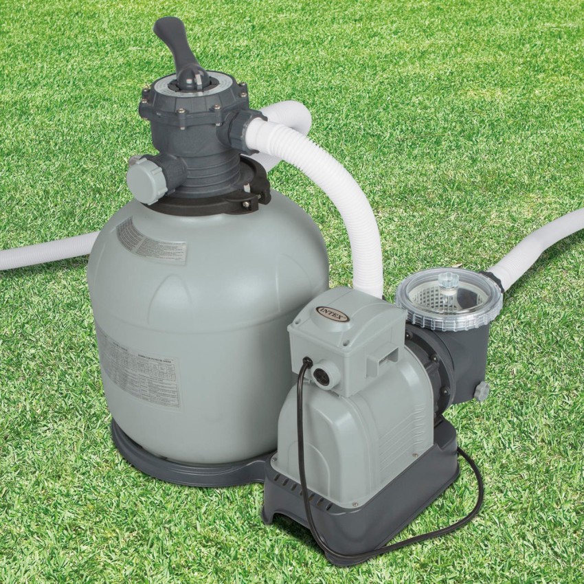 Bomba de areia Intex com capacidade de filtragem de até 12.000L/h com pré-filtro. Adequada para piscinas elevadas de até 60.000