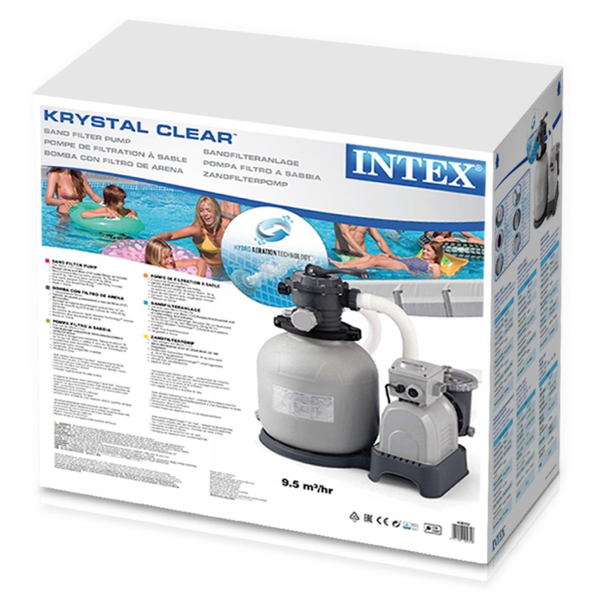 Bomba de areia Intex com capacidade de filtragem de até 12.000L/h com pré-filtro. Adequada para piscinas elevadas de até 60.000