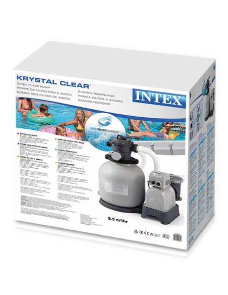 Bomba de areia Intex com capacidade de filtragem de até 12.000L/h com pré-filtro. Adequada para piscinas elevadas de até 60.000