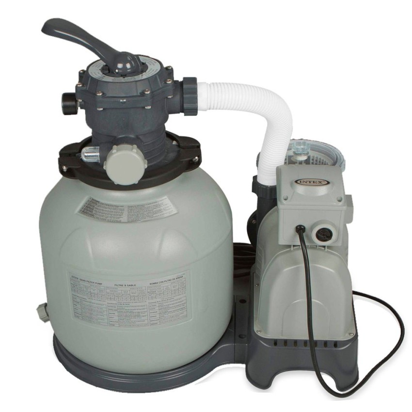 Bomba de areia Intex com capacidade de filtragem até 10.500 l/h. Para piscinas elevadas até 40.000 l. Capacidade do depósito: 35