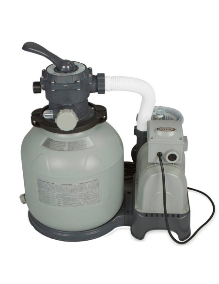 Bomba de areia Intex com capacidade de filtragem até 10.500 l/h. Para piscinas elevadas até 40.000 l. Capacidade do depósito: 35