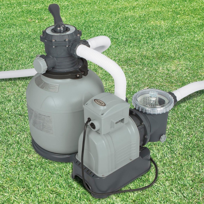 Bomba de areia Intex com capacidade de filtragem até 10.500 l/h. Para piscinas elevadas até 40.000 l. Capacidade do depósito: 35