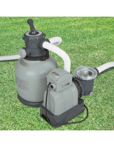 Bomba de areia Intex com capacidade de filtragem até 10.500 l/h. Para piscinas elevadas até 40.000 l. Capacidade do depósito: 35