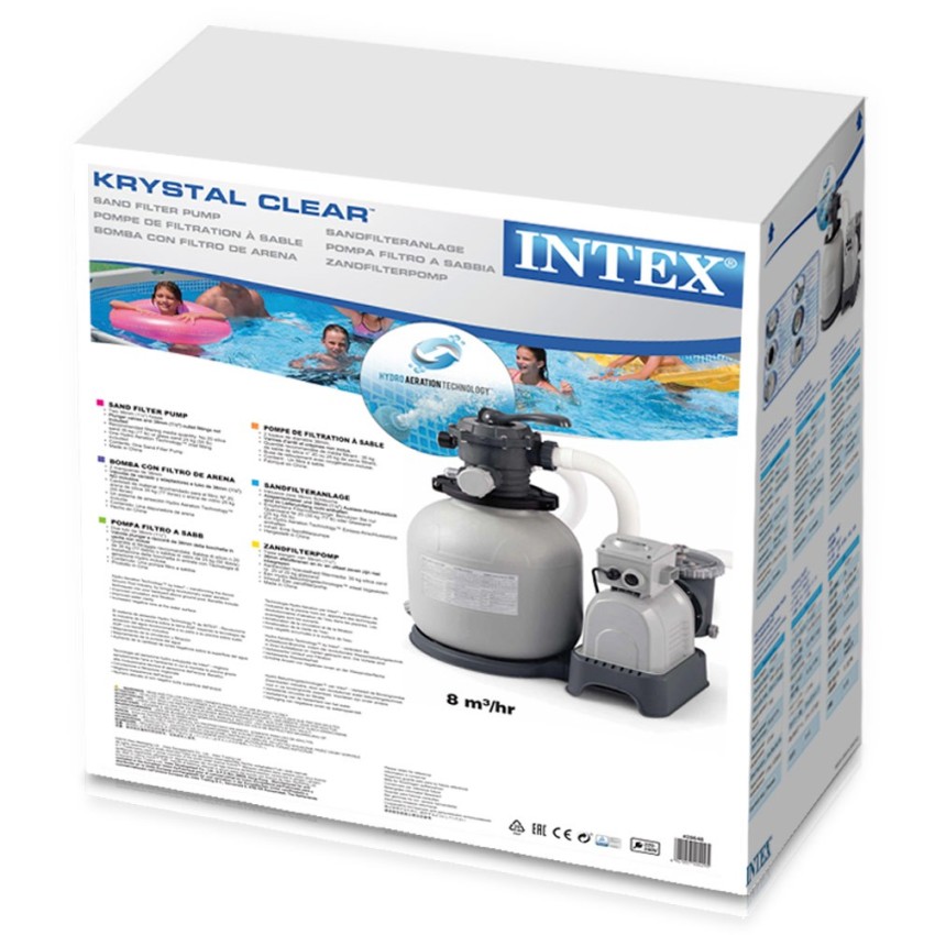 Bomba de areia Intex com capacidade de filtragem até 10.500 l/h. Para piscinas elevadas até 40.000 l. Capacidade do depósito: 35