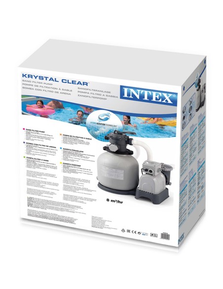 Bomba de areia Intex com capacidade de filtragem até 10.500 l/h. Para piscinas elevadas até 40.000 l. Capacidade do depósito: 35