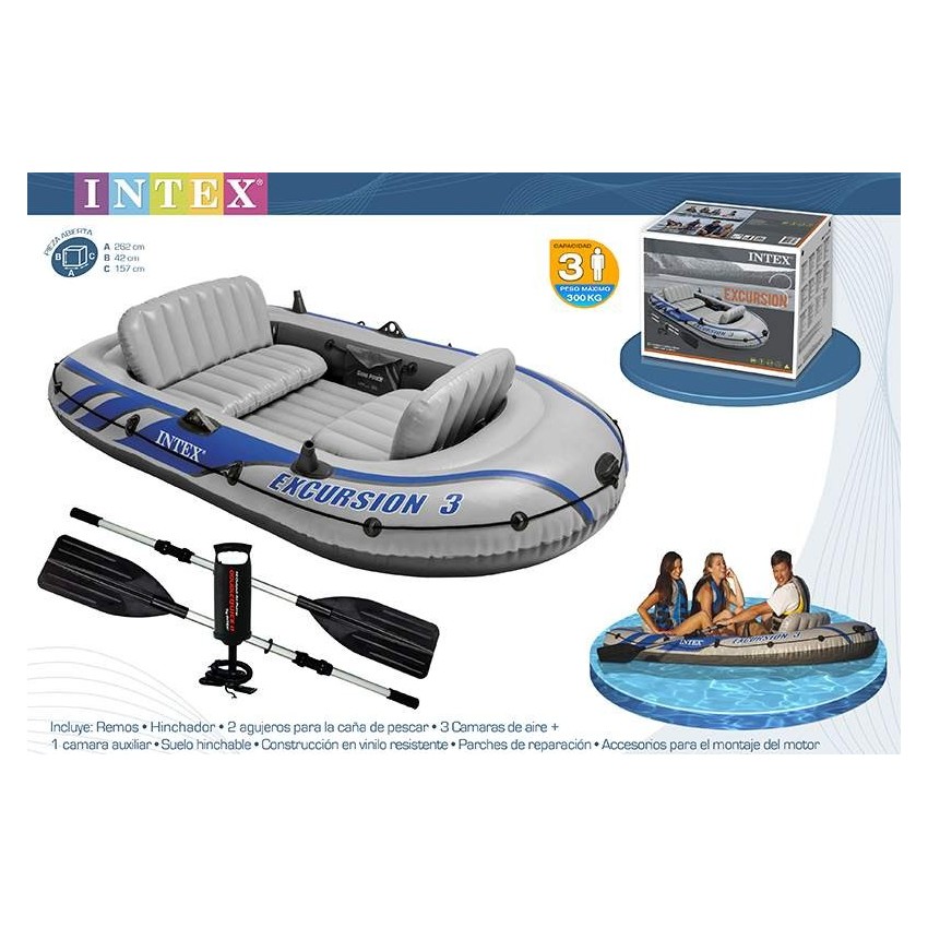 Barco insuflável Intex Excursión para 3 pessoas. Inclui: 2 válvulas de encher/esvaziar, pega resistente, corda, assentos insuflá