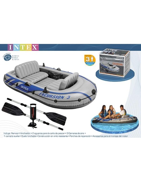 Barco insuflável Intex Excursión para 3 pessoas. Inclui: 2 válvulas de encher/esvaziar, pega resistente, corda, assentos insuflá