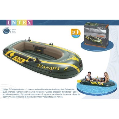 Barco insuflável Intex para 2 pessoas. Inclui: 2 válvulas de encher e esvaziar, pega resistente na proa, corda ao redor para um 