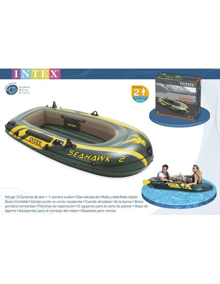Barco insuflável Intex para 2 pessoas. Inclui: 2 válvulas de encher e esvaziar, pega resistente na proa, corda ao redor para um 