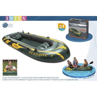 Barco insuflável Intex Seahawk 3 com capacidade para 3 pessoas. Inclui: 2 válvulas de enchimento, pega resistente, corda, assent