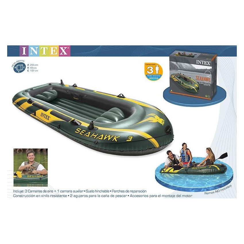 Barco insuflável Intex Seahawk 3 com capacidade para 3 pessoas. Inclui: 2 válvulas de enchimento, pega resistente, corda, assent