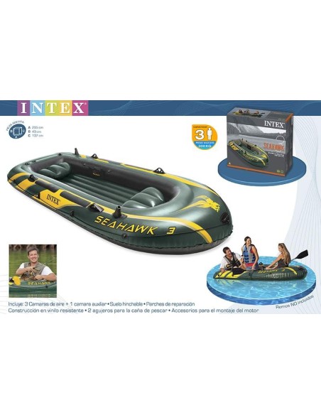 Barco insuflável Intex Seahawk 3 com capacidade para 3 pessoas. Inclui: 2 válvulas de enchimento, pega resistente, corda, assent
