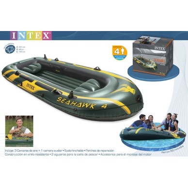 Barco insuflável Intex Seahawk 4. Inclui 3 câmaras de ar, alça resistente, corda, suportes para ajuste do motor e 2 assentos ins