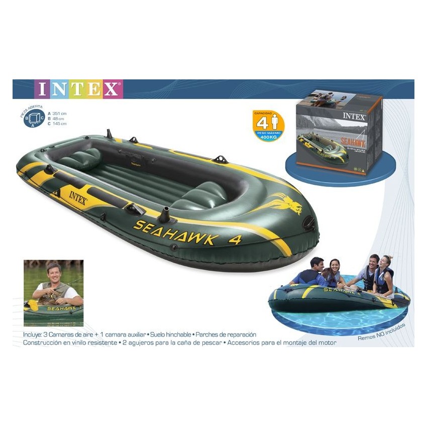 Barco insuflável Intex Seahawk 4. Inclui 3 câmaras de ar, alça resistente, corda, suportes para ajuste do motor e 2 assentos ins