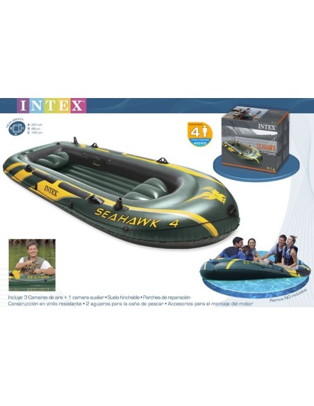 Barco hinchable Intex Seahawk 4. Incluye: 3 cámaras de aire, asa resistente, cuerda, soportes para acople de motor y 2 asientos 
