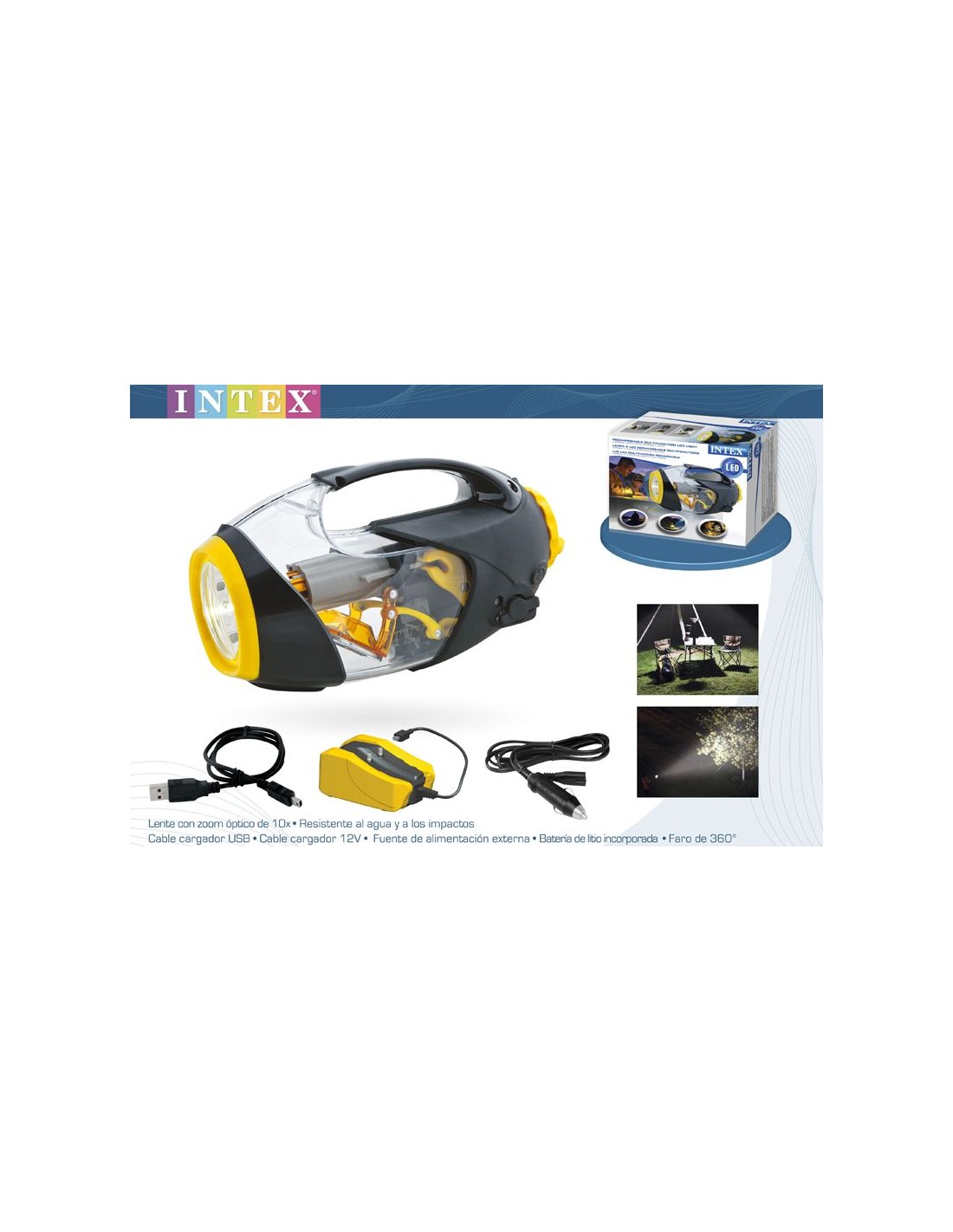 Objetivo fotografía Digital Linterna Intex con 5 funciones: linterna, lámpara de mesa, luz de  emergencia, luz de peligro y faro. Dotada de batería recargabl