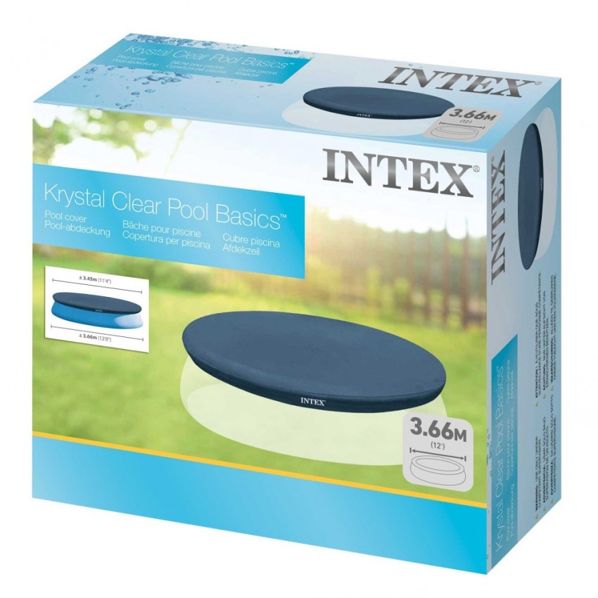 Cobertura INTEX de 345 cm exclusiva para piscinas Easy Set de 366 cm de diâmetro. Fabricada com vinil resistente de 18 mm, possu