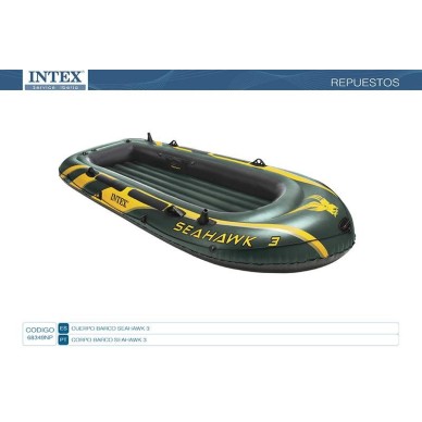 Corpo do barco insuflável Intex Seahawk 3 com capacidade para 3 pessoas. Inclui: pega resistente e suportes para acoplar um moto