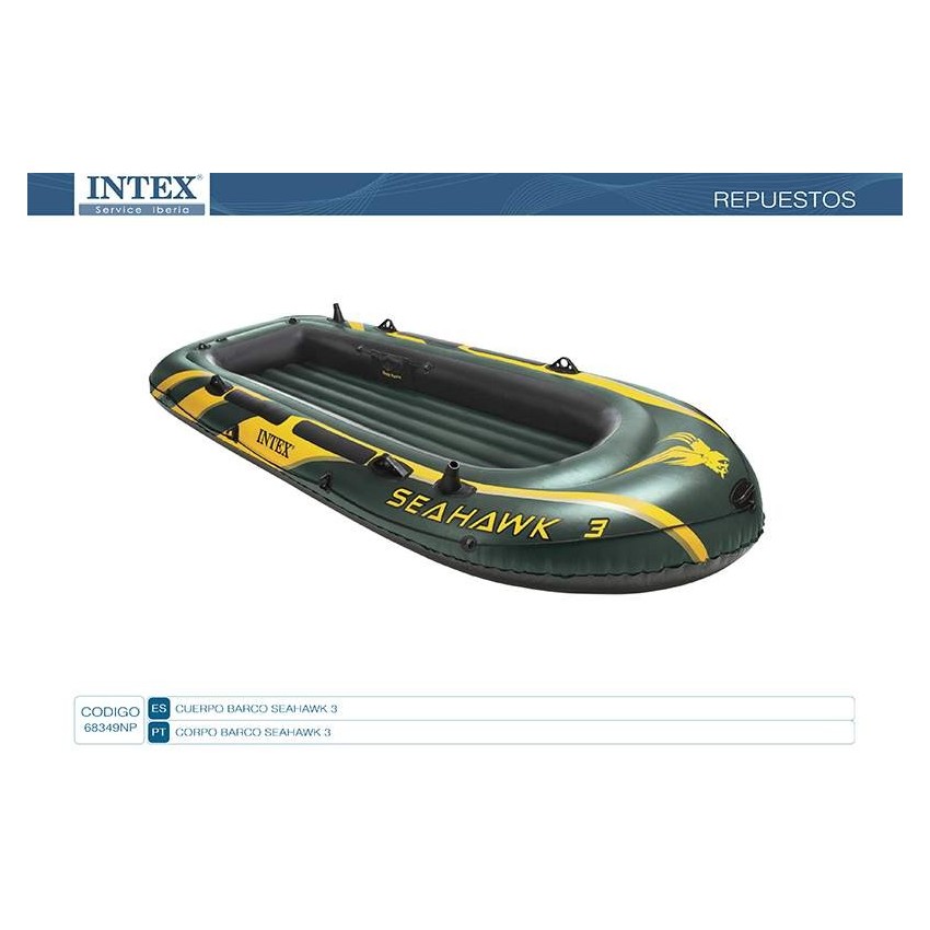 Corpo do barco insuflável Intex Seahawk 3 com capacidade para 3 pessoas. Inclui: pega resistente e suportes para acoplar um moto