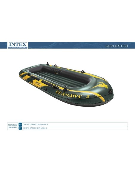 Corpo do barco insuflável Intex Seahawk 3 com capacidade para 3 pessoas. Inclui: pega resistente e suportes para acoplar um moto