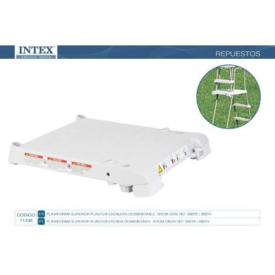 Plataforma superior de cor cinza para escada de degraus removíveis de 107cm de altura.                                          