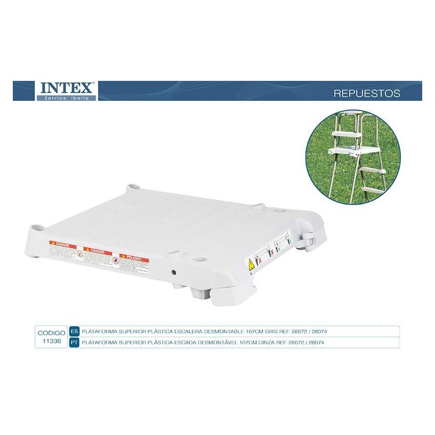 Plataforma superior de cor cinza para escada de degraus removíveis de 107cm de altura.                                          