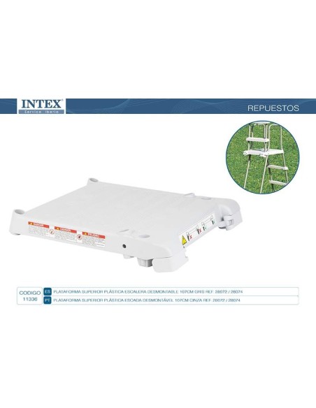 Plataforma superior de cor cinza para escada de degraus removíveis de 107cm de altura.                                          