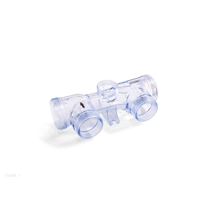 Tubo de plástico transparente donde se aloja la célula electrolítica, el sensor de flujo y el electrodo de cobre en el sistema d