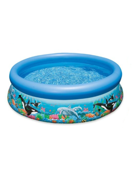 Piscina Intex com capacidade para 3853l. A sua atrativa imagem marinha torna-a irresistível para as crianças. Tempo de montagem