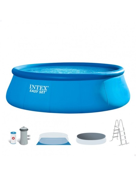Piscina insuflável Intex da linha Easy Set com capacidade para 12.430 litros de água. Inclui: bomba de cartucho 3.785 l/h, cober