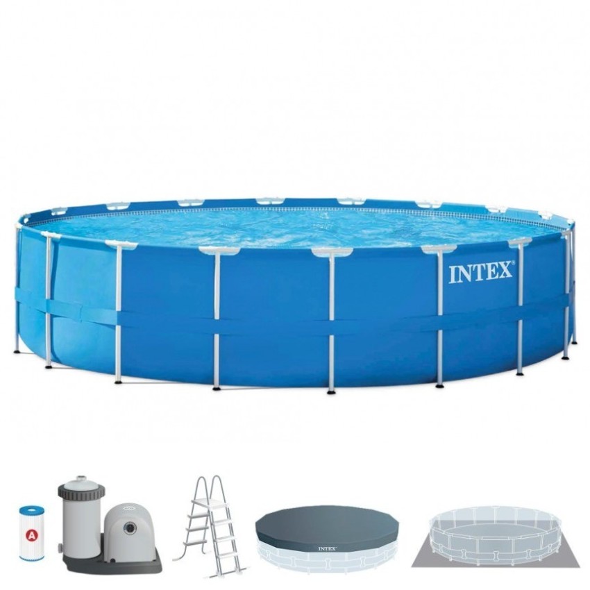 Piscina desmontável tubular Intex. Com forma redonda e da linha Metal Frame, tem capacidade para 24.311 litro de água. Inclui bo
