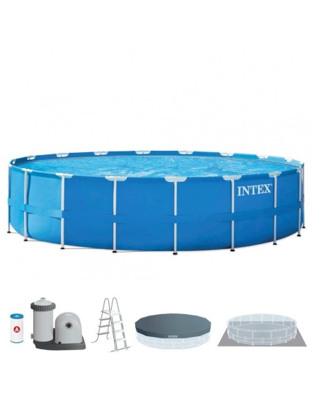 Piscina desmontável tubular Intex. Com forma redonda e da linha Metal Frame, tem capacidade para 24.311 litro de água. Inclui bo